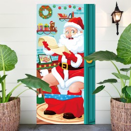 Konsait Christmas Party Decorations, Christmas Door Cover Banner, Funny Restroom Santa Door Cover Bathroom Backdrop for Christmas Door Decorations Christmas Party Supplies