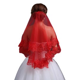 Classic Red Bridal Headscarf Wedding Veil, Simple Long Lace Veil See Through Headpiece for Women
