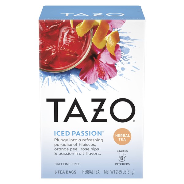 TAZO Tea Bags, Herbal Tea Iced Tea Bags, Iced Passion, Caffeine-Free, Makes 6 Count (Pack of 4)