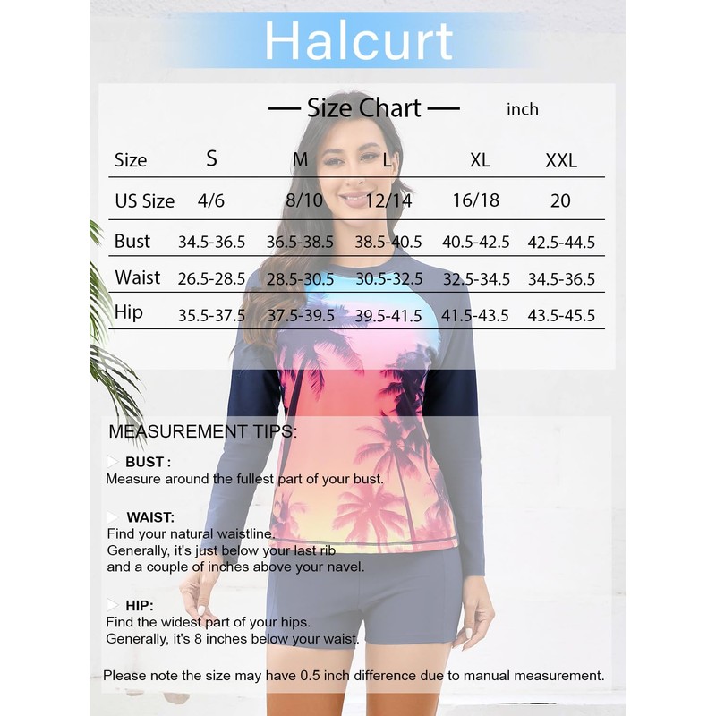 Halcurt Women's Built in Bra Rash Guard Long Sleeve Swimwear