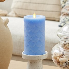Luminara Embossed Fish Scale Flameless LED Candle, Cornflower, 3.25" x 6.5", Moving Flame Pillar, Battery Operated with Timer, Indoor