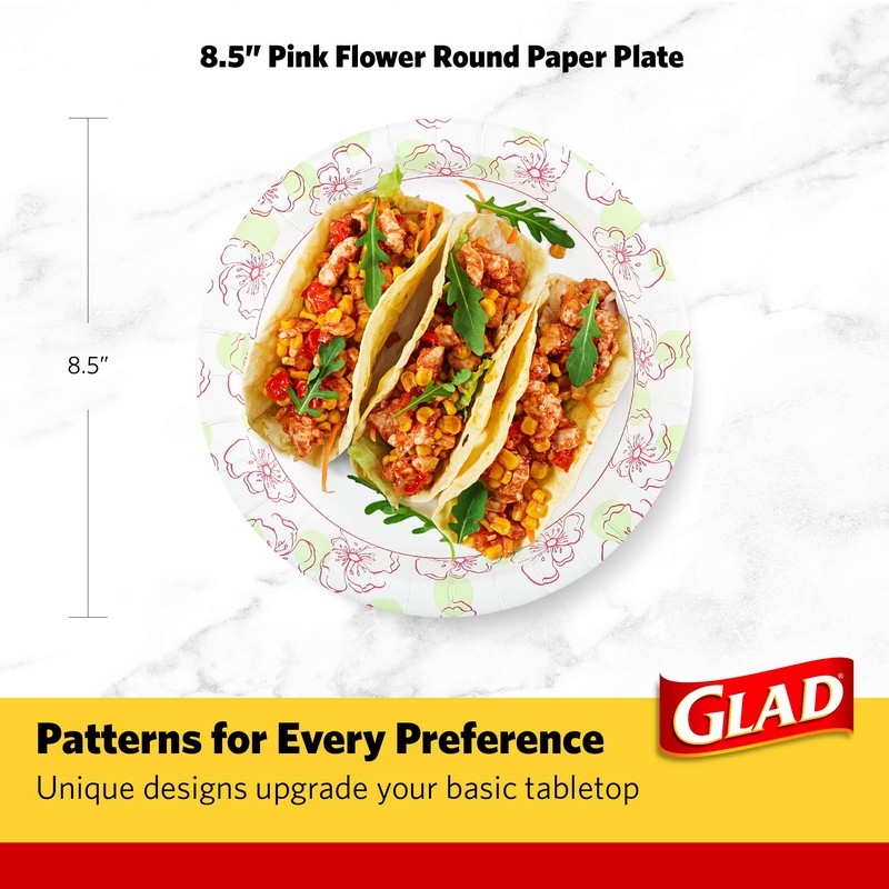Glad Round Paper Plates, Pink Flower, 50 count