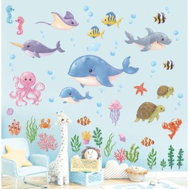 DECOWALL DS12-8081 Under The Sea Wall Stickers Ocean Fish Seaweed Decals Turtle Jellyfish Removable Kids Baby Bedroom Nursery Art Home décor Bathroom Decoration Beach Seagrass Colorful Boys Girls