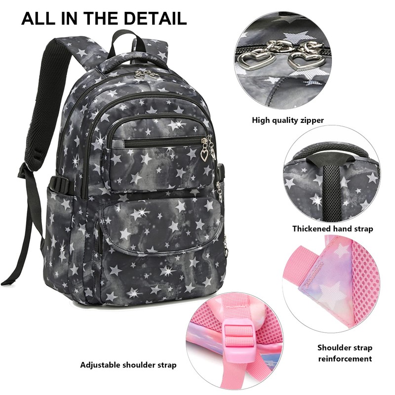 SIVENKE 3Pcs Middle School Schoolbag Star Printing Waterproof School Backpack