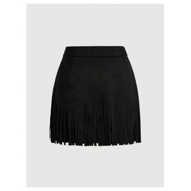SHENHE Women's Plus Size Faux Suede Fringe High Waisted Rivet Studded Western Hippie Skirt Black XX-Large Plus
