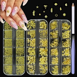 XEAOHESY 3 Boxes Gold Nail Charms Ocean Nail Charms Moon Star Cross Nail Rivets Studs Caviar Beads for Nails Summer Starry Sky Beach Charms for Nails with Pickup Pen and Tweezers