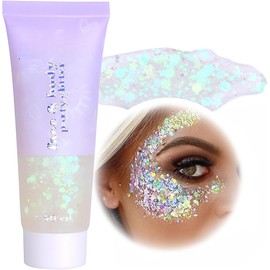 Body Glitter Gel, Face Glitters Body Gel Sequins Shimmer Liquid Eyeshadow, Chunky Glitter for Face Hair Nails, Holographic Cosmetic Laser Powder Festival Glitter Makeup 50ml (Crystal Color)