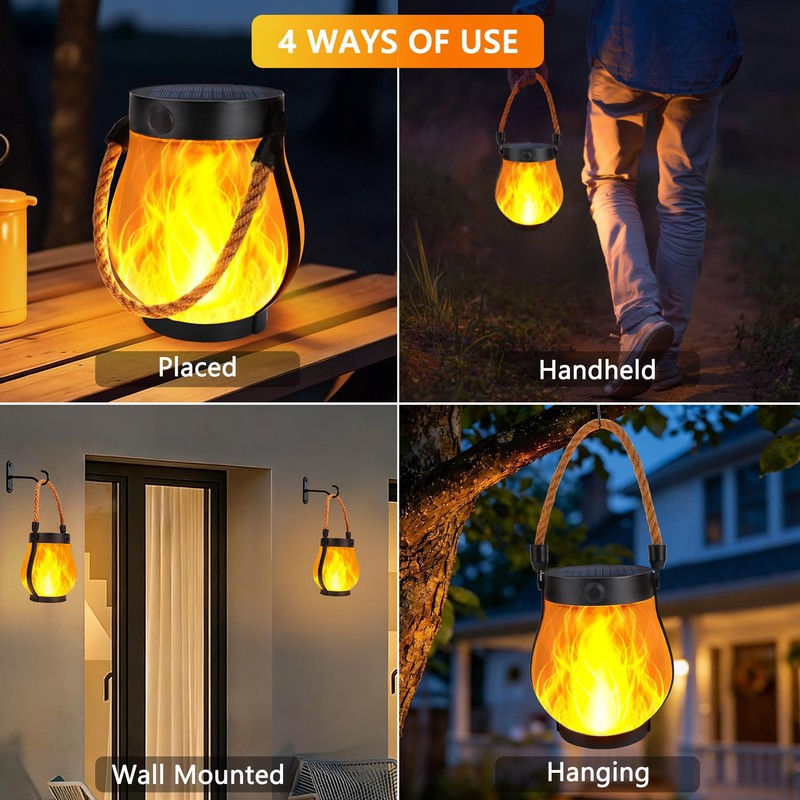 Toodour Solar Lanterns Outdoor, 2 Pack Flickering Flame Hanging Lantern