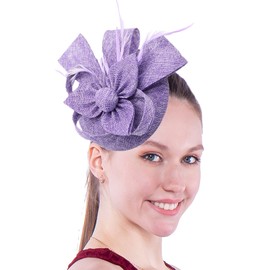 Biruil Fascinators Hat for Women Girls Sinamay Flower Feathers Tea Party Cocktail Headband Hair Clip (B Purple)
