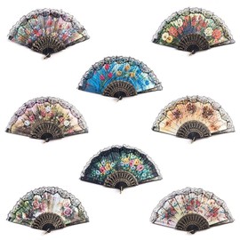 Stylish and Chic: 8 Packs Spanish Floral Folding Hand Fans - Vintage Retro Silk Design, Multi-Color Patterns, Perfect for Parties, Weddings, and Home Decor (Black Bone)