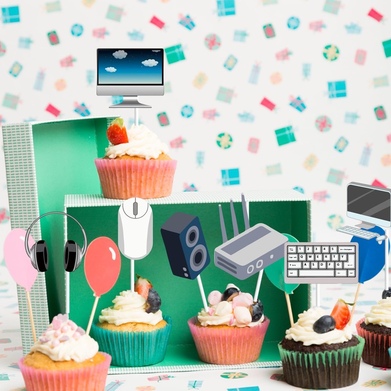 WINPOGEE 36pcs Intelligence Computer Theme Cupcake Topper Decorations Boy Girl