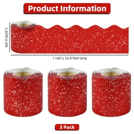 Glitter Bulletin Board Borders Set - 3 Rolls 98.4 Ft Red Bulletin Board Decorations for Classroom, Office，School Supplies & Home DIY - Perfect for Teachers, Posters & Birthday Party Decor