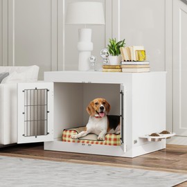 PawHut Dog Crate Furniture w/ 360° Rotatable Removable Dog Bowls, Dog Kennel Furniture w/Two Doors, Non-Slip Foot Pads, Furniture Dog Crate End Side Table for Medium Dogs, 31.5" x 24" x 25", White