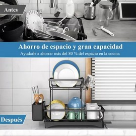 SHENZIJIA Dish Drying Rack 2-Layer Kitchen Counter Dish Rack Large Capacity Carbon Steel Kitchen Dish Drying Rack with drip Plate Removable Dish Drain Rack with Cutlery Rack