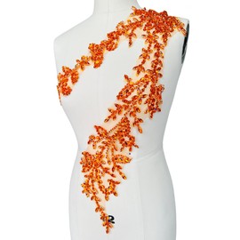 Handmade Shining Acrylic Rhinestones on lace Applique Sewing Beads Stones Trim Patches Accessories for Wedding Dress (Orange)