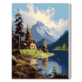 DOMROM Lakeside Landscape Paint by Number for Adults Framed Canvas, DIY Arts and Crafts for Adults Beginner with Wooden Easel, Paint Brushes, Acrylic Paint Set for Home Wall Decor, 12x16 Inch