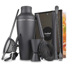 VonShef Cocktail Shaker Set, Black 8pc Set with 600ml Parisian Cocktail Shaker, Professional Bartender Set for Home Bar, Including Strainer, Muddler, Jigger & Other Bar Accessories, Gift Box Included