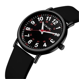 VAVC Waterproof Analog Nurse Watch for Nurses,Students,Medical Professionals,Women Men,with Easy Read Dial,Military Time,Second Hand and 24 Hour,Comfortable Silicone Band（Black）