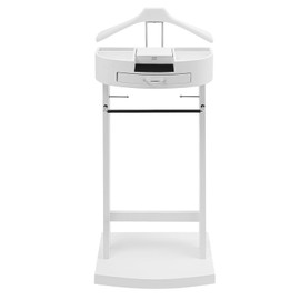 QUEMARQUE Clothes Valet Stand, Wood Valet Stand Suit Rack Stand with Drawer for Men/Women, Contour Hanger, Trouser Bar, Belt Hooks Shoe Rack, Freestanding Valet Stand (White)