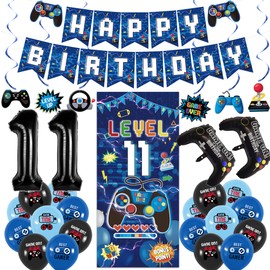 Vlipoeasn Blue 11th Birthday Decorations for Boys, Video Game Level 11 Banner Backdrop Hanging Swirls for 11th Birthday Party, Gamer 11 Years Old Party Supplies