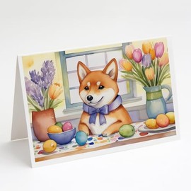 Caroline's Treasures DAC6900GCA7P Decorating Easter Shiba Inu Greeting Cards Pack of 8 Blank Cards with Envelopes Whimsical A7 Size 5x7 Blank Note Cards