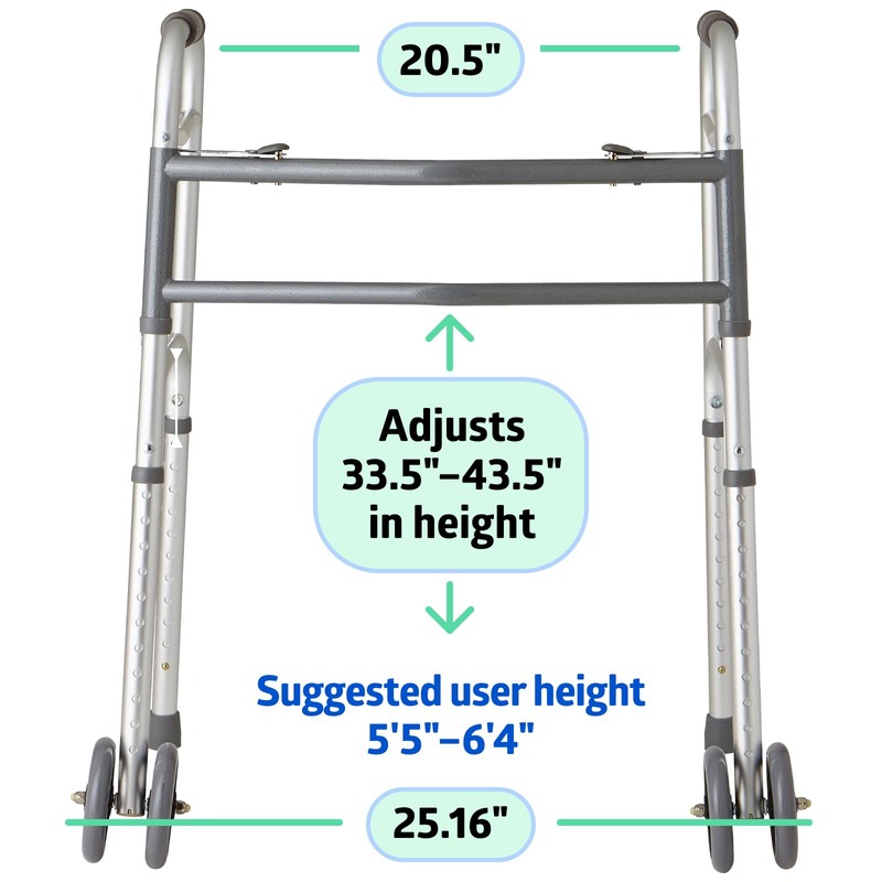 Medline Heavy-Duty Bariatric Folding Walker with 5” Wheels and Durable
