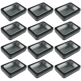12 Pack Empty Rectangular Metal Storage Organizer Tins with Clear Window Hinged Lids for Small Items and Other Craft Projects, 4.5 x 3.3 x 0.9 inch (Black)