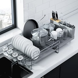 Kitsure Large Dish Drying Rack - Extendable Dish Rack, Multifunctional Dish Rack for Kitchen Counter, Anti-Rust Dish Drainers with Cutlery & Cup Holders 19.2"-26.7" L x 12.9" W, Grey