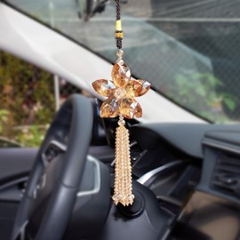 AuMoHall Crystal Flower Rear View Mirror Pendant Car Hanging Ornament Lucky Charm with Dangle Beads, Champagne
