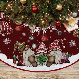 EKOREST Christmas Tree Skirt 36 Inches, Gnomes with Holly Berry Pencil Red Background Tree Skirt, Winter Xmas Tree Mat Decorations for Home Party Holiday Decorations