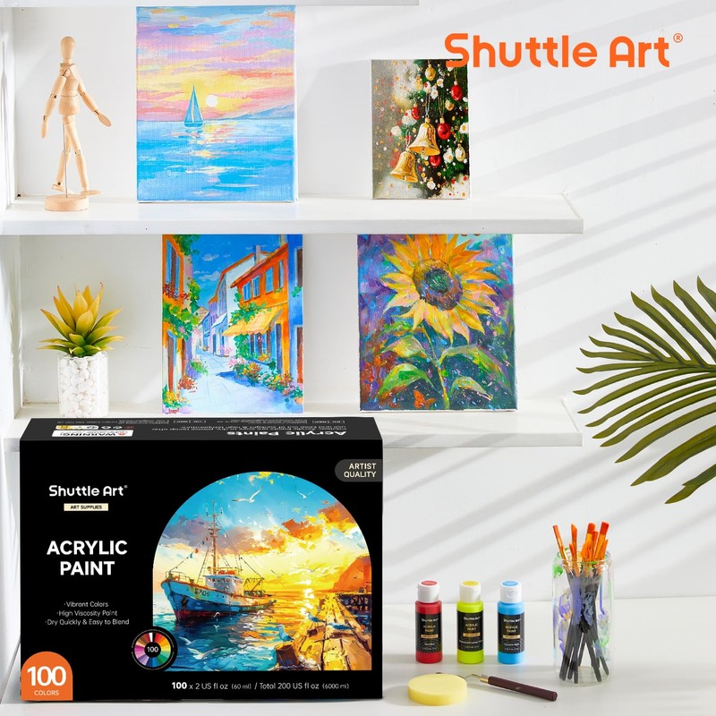 Shuttle Art 100 Colors Acrylic Paint, 2oz/60ml Bottles, Include 2