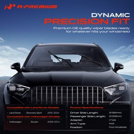 A-Premium Pack of 2 Front Windshield Wiper Blades with Wear Indicator & Towel - Compatible with Land Rover Discovery Sport 2015-2024 & Volkswagen Routan 2009-2014 - 26" and 20", Hook Connector