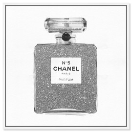 The Oliver Gal Artist Co. Fashion and Glam Framed Wall Art Canvas Prints 'Silver Classic Number 5' Perfumes Home Décor, 16" x 16", Gray, White