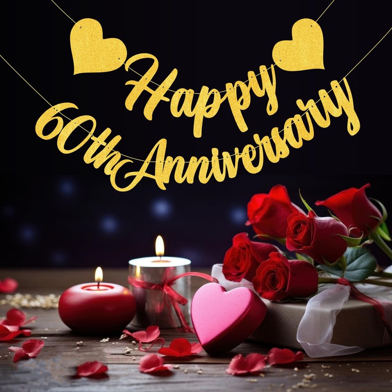 No DIY Glitter Gold Happy 60th Anniversary Banner - Cheers