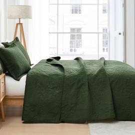 Hansleep Olive Green Quilt King Size - Damask Ultrasonic All Season Bedspread King, Soft Lightweight Coverlet Bedding Set, 3 Pieces (1 Quilt, 2 Pillow Shams)