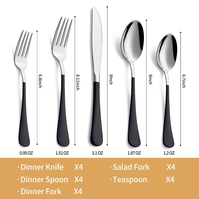 LKTDYMEG 20-Piece Black Silverware Set 18/0 Stainless Steel Silverware Set