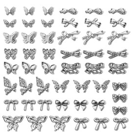 WOKOTO 51 Pcs 17 Styles 3D Silver Butterfly And Bow Nail Charms Alloy Nail Art Gems For Acrylic Nails Butterfly Bow Charms For Nail Art Design Charms Jewelry Nail Alloy Studs Jewels Nail Decorations