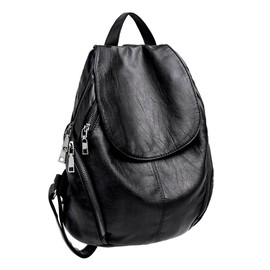 UTO Flap Backpack for Women Anti Theft Ladies Shoulder Bag Double Zipper Side Pockets Synthetic Leather Black