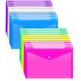 12 pcs Plastic File Folders, A4 Paper Size Waterproof File Envelopes with Snap Button for School Home Work Office Organization (12 Pack)