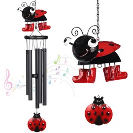 Ladybug Wind Chimes for Outside Metal Cute Beetle with Spinning Feet, Black Aluminum Tubes, Garden Yard Hanging Decor Wind Chimes, for Women, Men, Kids and Nature Lovers
