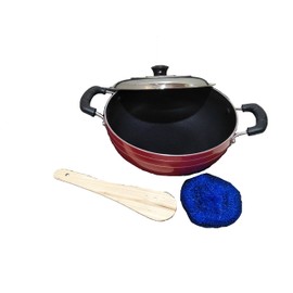 Non-Stick Coating Kadai/Fry Pan with Steel Lid 2.6 mm(Red),Valentine Day Gifts