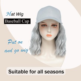 AliRobam Synthetic Wig Hat with Natural Wave Hair Extensions Attached for Woman Baseball Cap Wig Short Grey Curly Wavy Hairstyle Adjustable Daily Outdoor Use (Grey, 14inch)