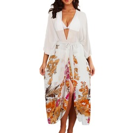 Jayscreate Women's Tie Front Long Kimono Summer Beach Coverup Tops Chiffon Lightweight Casual Boho Sheer Cardigan