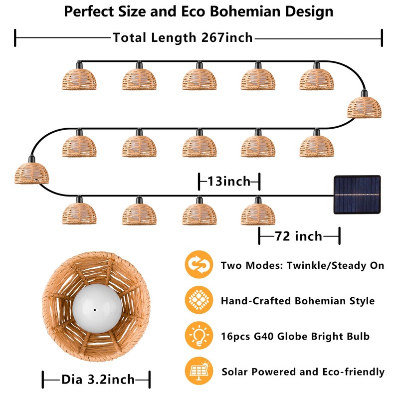 TWINKVILLA Solar Rattan String Lights Outdoor, 16FT 16 LED Half-Globe