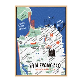 Kate and Laurel Sylvie San Francisco Illustration Framed Canvas Wall Art by Stacie Bloomfield of Gingiber, 23x33 Natural, Beautiful Cityscape Wall Decor