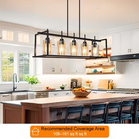 DSMJFU Matte Black Farmhouse Dining Room Lighting Fixture, 5-Light Linear Pendant Lighting, Rectangle Kitchen Light with Amber Glass Shades, Adjustable Height Rectangle Hanging for Kitchen Table