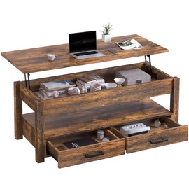FABATO 47.2" Large Lift Top Coffee Table, Extra Large Coffee Table with Storage Drawers Hidden Compartment, Center Table Lift Tabletop for Living Room, Coffee Desk Rising Tabletop, Rustic Brown