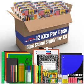 12 Pack of 60 Piece Sets of Bulk Back to School Supplies Bundle Kit for Girls, Boys, Kids, Back to School Supply Box Bundle Kit Includes Notebooks, Folders, Headphones, Ruler, and More