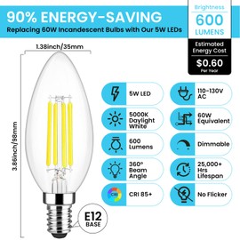 QQLXST 24-Pack Dimmable E12 LED Candelabra Bulbs 60W Equivalent, 5000K Daylight White, 600 Lumens Chandelier Light Bulb, B11 Vintage Type B LED Filament Clear Glass Candle Light Bulb for Ceiling Fan