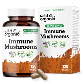 Wild & Organic Immune Mushroom Blend Capsules - 8 Mushroom Complex Supplements for Immunity Support with Turkey Tail, Chaga & Reishi Powder - 60 Days Supply - Vegan, No Fillers, Non-GMO - 120 Count